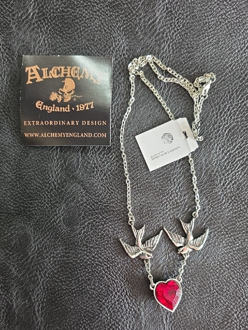 Alchemy England Swallow Necklace with Red Heart Pendant